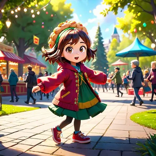 take random fast food, humanize it, maki it dancing in park,southpark style,little girl running,kids illustration,child in park,little girl in wind,laika,hanbok,children's background,cute cartoon char