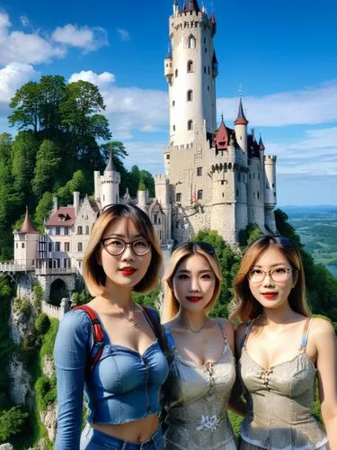 Asian tourist girls in front of Lichtenstein Castle.,three women are standing in front of an image of a castle,neuschwanstein,neuschwanstein castle,bavarian swabia,tts,eurasians,green screen,Conceptua