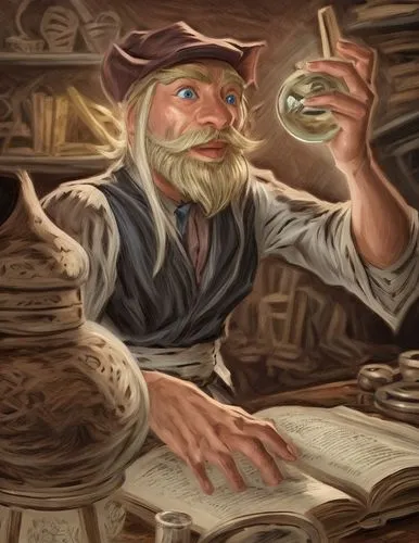 merchant,rotglühender poker,vendor,scholar,peddler,fortune teller,shopkeeper,watchmaker,apothecary,tinsmith,geppetto,scandia gnome,thames trader,investigator,art bard,banker,pinocchio,game illustration,leonardo devinci,pirate treasure