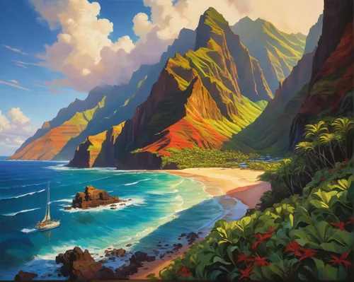 napali coast,kauai,napali,an island far away landscape,coastal landscape,molokai,hawaii,oahu,mountain and sea,beach landscape,moana,maui,mountain beach,honolulu,sea landscape,tropical sea,isle,cliffs ocean,fantasy landscape,luau,Conceptual Art,Fantasy,Fantasy 18