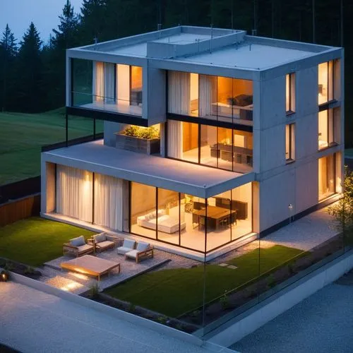 house moder minimal,an aerial view of a modern home lit up at night,modern house,modern architecture,lohaus,cubic house,kundig,swiss house,Photography,General,Realistic