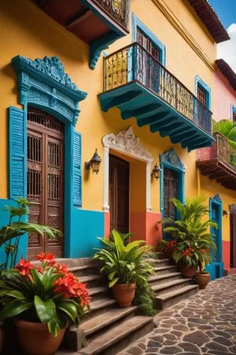 Colonial Honduran architecture, colorful buildings, ornate facades, wooden balconies, clay roof tiles, vibrant colors, flower-filled windowsills, intricate stone carvings, grand entrance doors, tropic