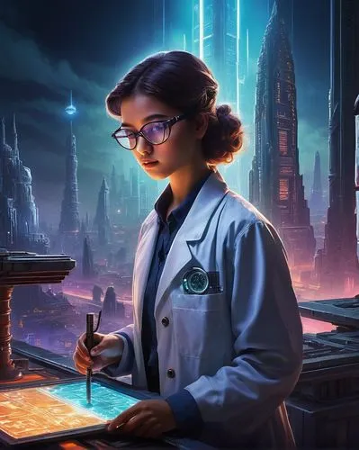 sci fiction illustration,female doctor,librarian,astrobiologist,scientist,cryptologist,biologist,reanimator,microsurgeon,toxicologist,kovalevskaya,cryptographer,theoretician physician,researcher,investigator,chemist,investigadores,biochemist,symetra,investigators,Illustration,Retro,Retro 09