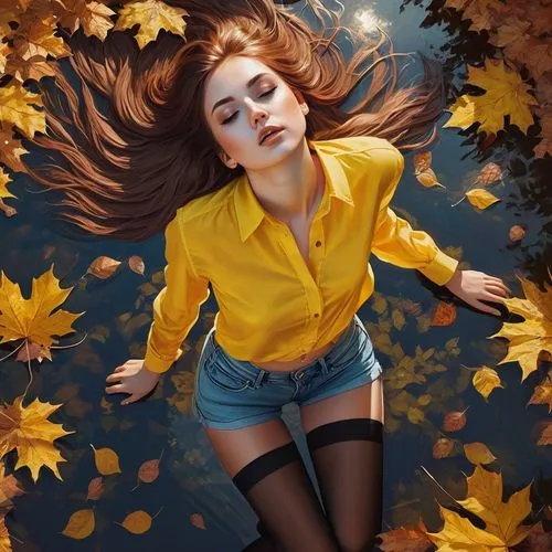 full Eastern European female figure, open eyes, wearing yelow transparent transparent shorttop,jeans shorts and black stockings, strong flared hair, detailed facial features, copper-brown hair, wind a