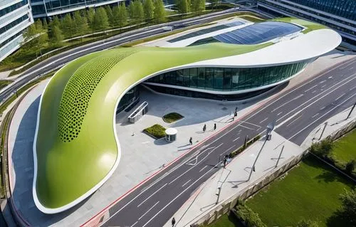 Bus station ,a large green and white building sitting in the middle of a street,futuristic art museum,futuristic architecture,karbovanets,dongdaemun,chengdu,kunshan,Photography,General,Realistic