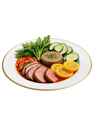 Delicious food, ceramic plate, white background, round shape, golden rim, savory dish, juicy meat, steaming hot, fresh vegetables, aromatic herbs, shallow depth of field, warm lighting, appetizing com