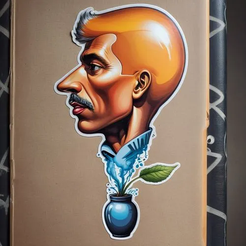 um adesivo, há cabeça de um homem nasce de uma planta em um vaso sobre uma mesa,el salvador dali,yinsen,dali,kapodistrias,apple design,kashkari,bowerman,caricaturist,begbie,jolla,videla,juggler,kafka,