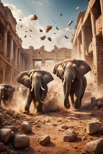 Create an illustration for a game card featuring a stampede of powerful elephants smashing through an ancient city's walls, dust and rubble flying everywhere.






,elephants,elephantine,pachyderm,ca