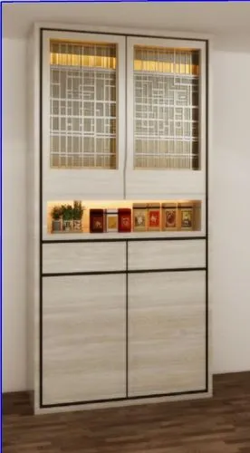 Doors with creative geometric cnc cutout for ventilation, high near the top and fades into solid doors as it comes towards the bottom,an empty room has a sliding door and shelves,minibar,dumbwaiter,ga