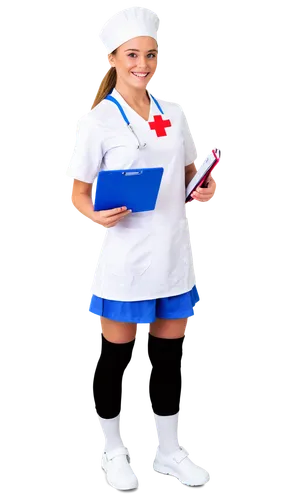 Nursing student, cartoon style, young girl, ponytail, white nurse hat, bright blue eyes, gentle smile, pink cheeks, white uniform, red cross emblem, black stockings, white shoes, clipboard in hand, st