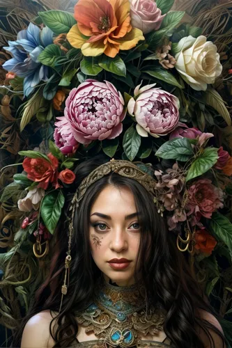 Turn the erased part with peonia flowers,girl in a wreath,wreath of flowers,rosa ' amber cover,fantasy portrait,girl in flowers,floral wreath,fae,rose wreath,elven flower,kahila garland-lily,blooming 