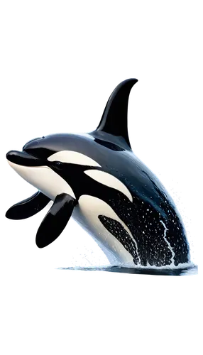 Orcinus orca, killer whale, black and white body, dorsal fin, rounded head, sharp teeth, sleek skin, swimming pose, splashing water, ocean background removed, close-up, detailed texture, wet shiny eff