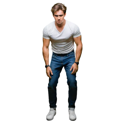 Man, muscular, athletic build, sweaty forehead, messy hair, worried expression, clutching stomach, bent over, toilet, white shirt, dark blue jeans, running shoes, desperate action, detailed facial fea