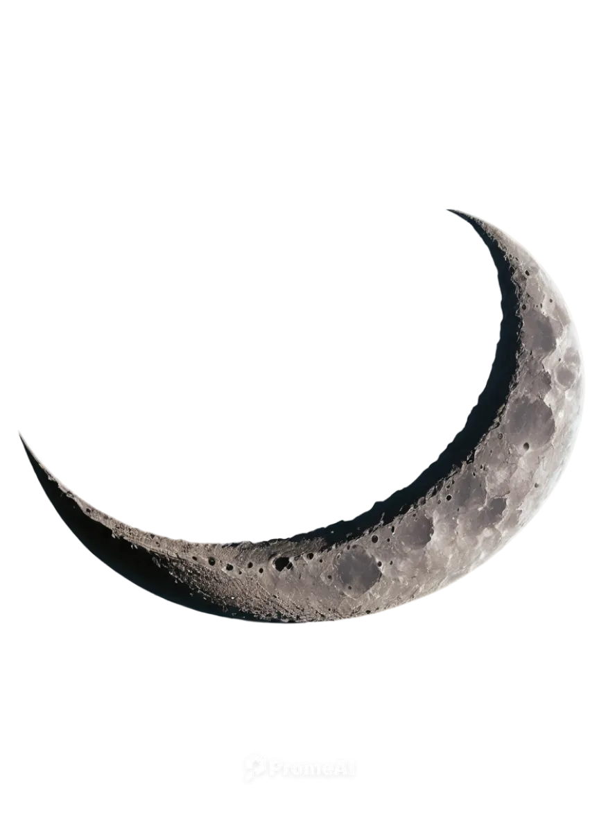 Profile view, crescent moon, glowing soft light, craters detailed, lunar surface, subtle shading, 3/4 composition, shallow depth of field, cinematic lighting, misty atmosphere, dreamy effect.,crescent