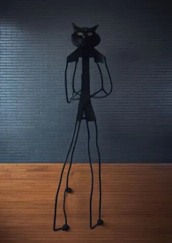 a strong human with a black cat head, in a gym,an odd looking black cat with yellow eyes,3d stickman,string puppet,hertzfeldt,motzfeldt,longlegs,legman,Photography,Artistic Photography,Artistic Photog