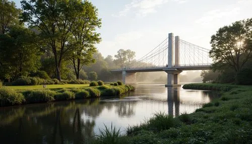 Scenic riverbanks, serene water reflections, lush green vegetation, majestic bridge structures, modern suspension designs, sleek metal railings, wooden decking, natural stone foundations, gentle water