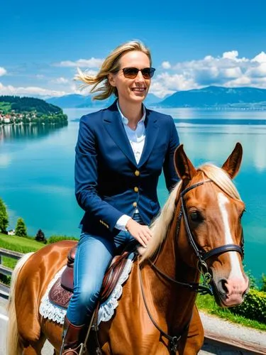 When Alice Weidel is on her horse-ride through the constituency on Lake Constance, she radiates a special grandeur.,a woman rides on the horse near a lake,horseback riding,horseriding,horse riding,hor