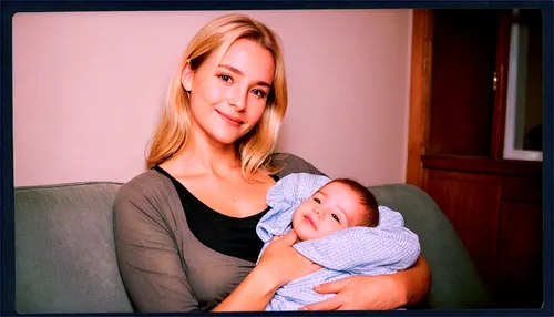 Mother, breastfeeding, gentle smile, soft eyes, blonde hair, natural makeup, casual wear, comfortable seating, intimate atmosphere, warm lighting, shallow depth of field, 3/4 composition, motherly lov