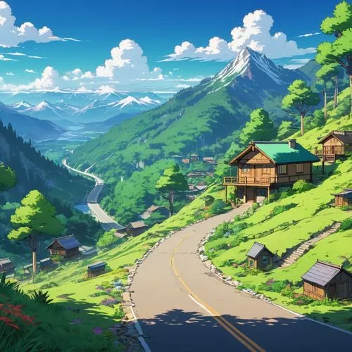 A scene of vegetation, road and some cabins being located in Sierra Mountains, United States of America in 1927.,an anime landscape with mountains and trees on the side,butka,mountain road,ghibli,moun