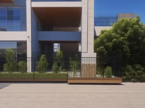 primera planta de edificio, permeable, transitable, con estructura de acero, sin reja,a sidewalk is shown with two buildings behind it,shinbo,aniplex,metaldyne,hashiba,metal railing,kyon,Photography,G