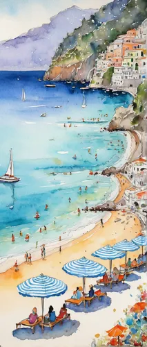 summer beach umbrellas,beach landscape,watercolor painting,positano,watercolor,swanage bay,the balearics,swanage,balearic islands,watercolour,the mediterranean sea,watercolor pencils,balearica,south france,watercolor background,amalfi coast,nerja,scilla,tropea,cala gonone,Illustration,Black and White,Black and White 16