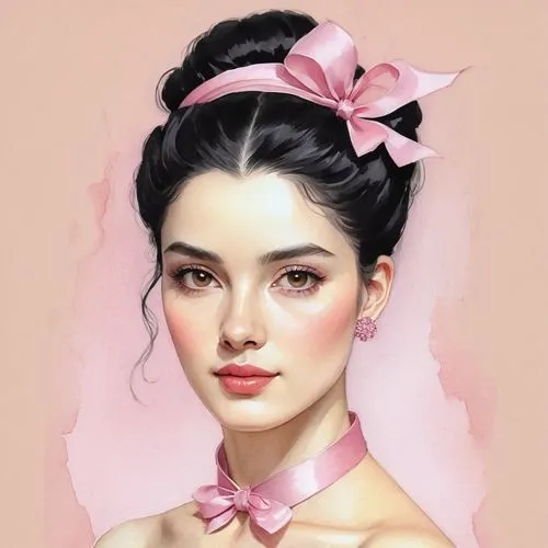 digital painting,vintage makeup,pink bow,chiffon,pink beauty,geranium pink,Illustration,Paper based,Paper Based 11