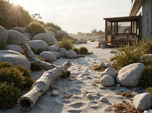 Weathered driftwood, ocean-polished pebbles, sandy dunes, seaweed-covered rocks, misty mornings, soft warm lighting, shallow depth of field, 3/4 composition, realistic textures, ambient occlusion, bea