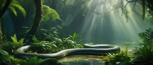 water snake,swamp,swampy landscape,serpent,fantasy landscape,woodland salamander,fantasy picture,anaconda,forest dragon,green snake,rainforest,elven forest,green tree snake,rain forest,world digital painting,green forest,tree snake,green mamba,mountain spring,crocodile tail,Conceptual Art,Fantasy,Fantasy 05