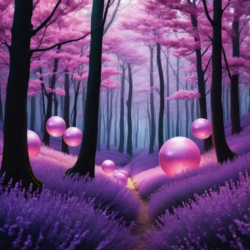 fairy forest,purple landscape,fairy world,fairy galaxy,purple wallpaper,christmas balls background,fairytale forest,enchanted forest,forest of dreams,star balloons,purple,spheres,mushroom landscape,wonderland,light purple,cartoon forest,pink balloons,purple and pink,purpleabstract,fantasy picture,Illustration,Retro,Retro 04