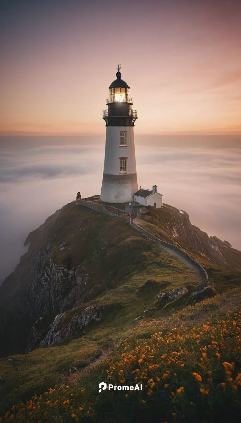 Imagine an imposing lighthouse towering over a stunning natural landscape. The fog of conformity surrounds the scene, but the lighthouse, with its bright light, symbolizes independent thought that ill