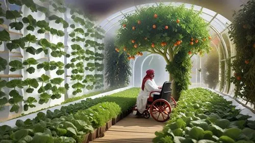 A photorealistic rendering of an indoor high-tech fruit and vegetable Hydroponic Towergarden inside a dome-shaped pod, with rows of ground lettuce and white trellis walls of citrus. The scene is illum