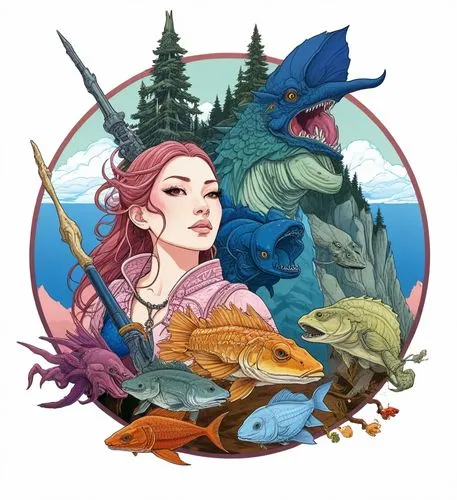 fairy tale icons,mermaid vectors,fantasy portrait,sci fiction illustration,game illustration,forest fish