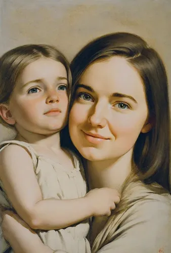 A six-year-old blonde daughter in the arms of a young brunette mother. Image in the style of Diego Rodriguez de Silva Velazquez. Draw your six-year-old daughter so that her face is included in the ima