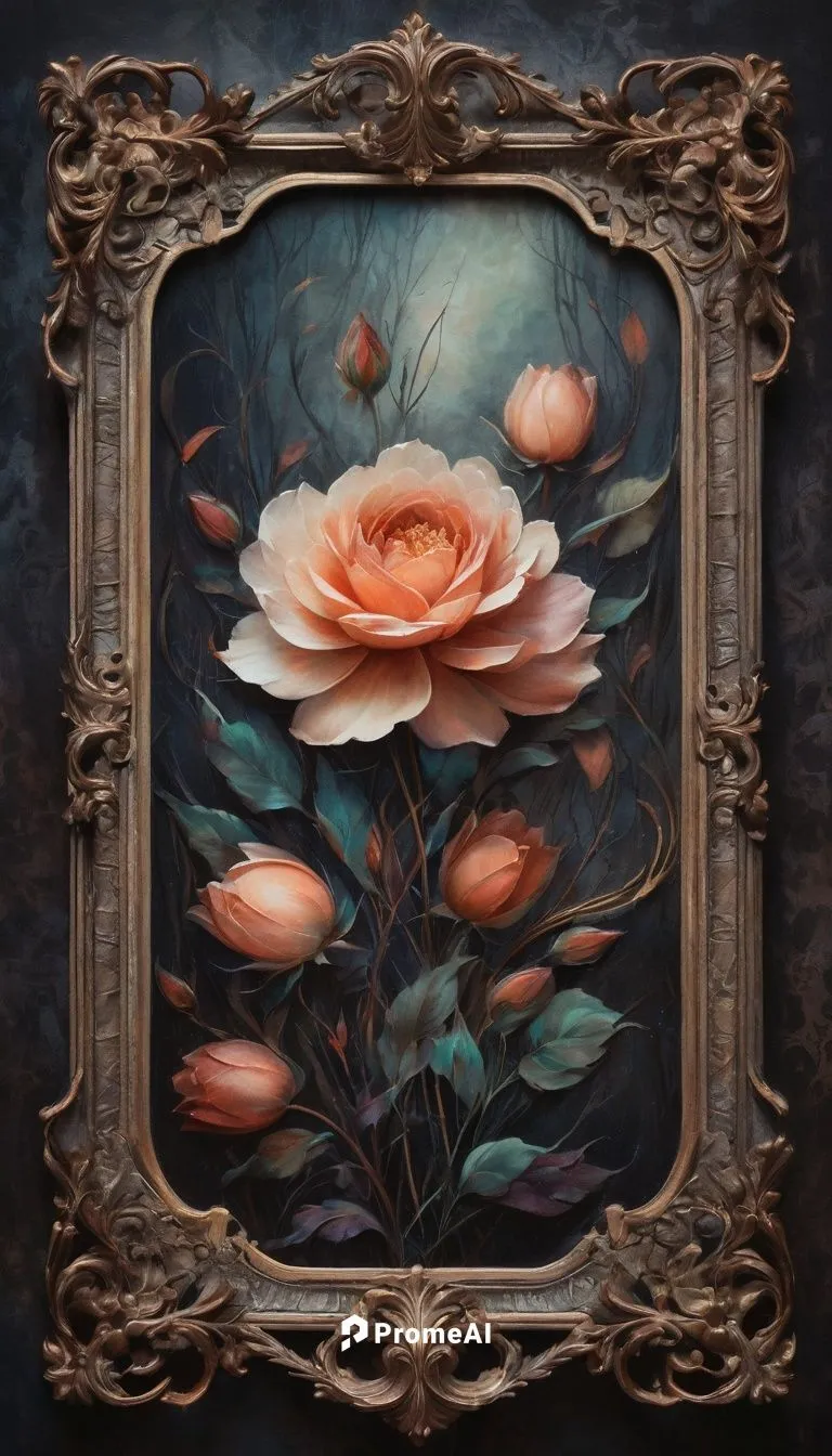 Oil painting, vintage style, warm colors, soft brushstrokes, impressionist influence, romantic atmosphere, nostalgic mood, intricate details, realistic textures, flower patterns, ornate frames, subtle