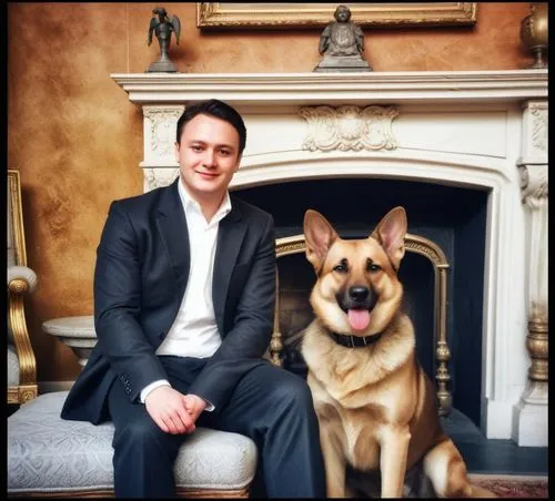 Un jeune marquis et son Dog allemand devant la cheminée du salon de style 1er Empire,a man sitting in a chair next to a dog,wellard,leonberg,kallstrom,alsatian,alsatians,katainen