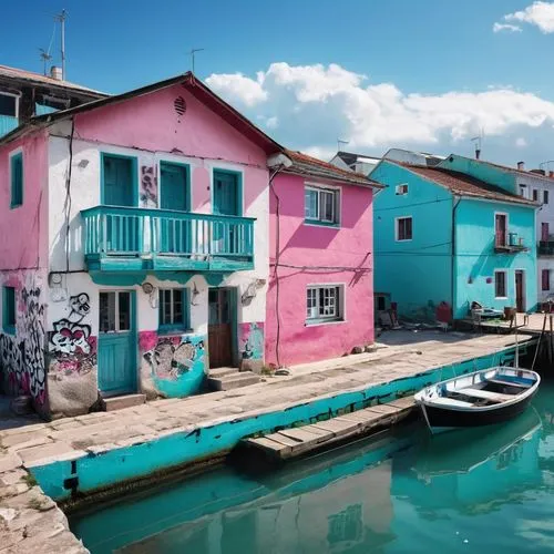 Fachada de una casa de pescadores en un muelle con un grafitti, luz de media tarde, casa desconchada y con una barca cerca, tonalidades blancas, con algún detalle en rosa y en negro, el color del mar 