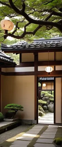 traditional Japanese, local architecture, tranquil atmosphere, tatami floor, sliding shoji doors, wooden beams, paper lanterns, natural materials, curved tile roofs, serene garden, bonsai trees, stone