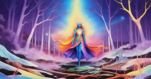 a painting of a woman in the forest with glowing blue dress and colorful hair,astral traveler,thingol,ashtar,mediumship,neopagan,celeborn,eckankar,sorceress,faires,shamanic,elohim,magick,magickal,ghad