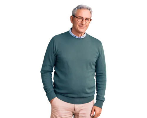 Mature man, father figure, gentle smile, wrinkles around eyes, grey hair, glasses, casual wear, standing pose, hands in pockets, warm lighting, soft focus, shallow depth of field, 3/4 composition, rea