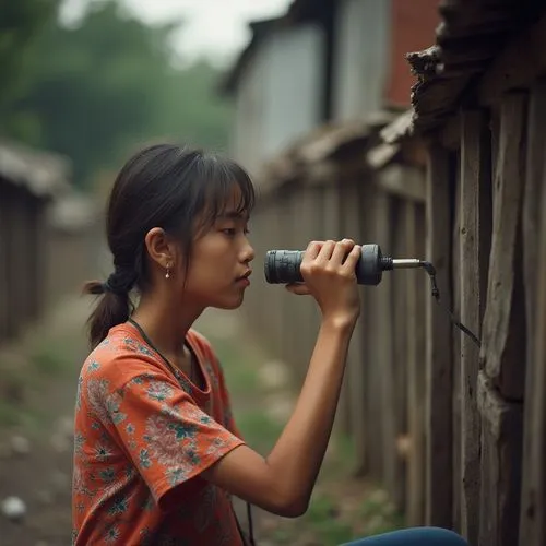 kaling,a girl using a telescope in an alley,a girl with a camera,binoculars,mccurry,girl making selfie,photojournalist,nikon