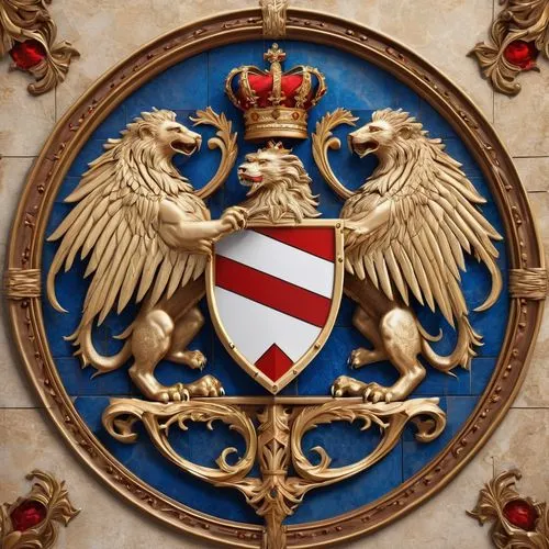 Heraldic coat of arms, medieval-inspired, intricate design, golden frame, blue and red colors, regal lion, majestic eagle, fleur-de-lis, family crest, noble shield, ornate typography, detailed texture