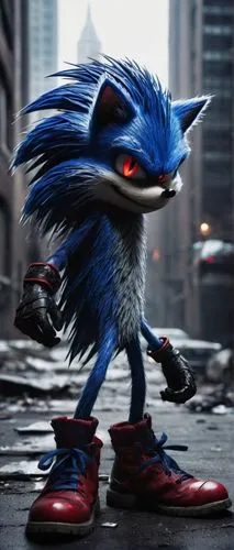 Cursed Sonic the Hedgehog, anthropomorphic blue hedgehog, spiky quills, red eyes, black eyelids, torn gloves, ripped shoes, dark aura, evil grin, leaning forward, ominous background, abandoned city, b