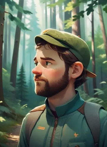 a 50 years old man walking in forester clothing, wearing a cap in a mountain forest. Full body,a painting of a man in a green hat,kovic,forest man,survivorman,mathas,farmer in the woods,bunyan,Illustr