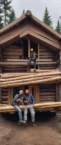 Transport yourself to a serene countryside construction site, where a small team meticulously crafts a log cabin using traditional techniques.,log home,western yellow pine,eco-construction,yellow pine