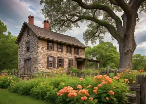 Rustic 1860s farmhouse, rural setting, rolling hills, green pastures, old oak tree shading, wooden fence, vintage lantern, stone foundation, brick chimney, sloping roof, wooden shutters, country-style