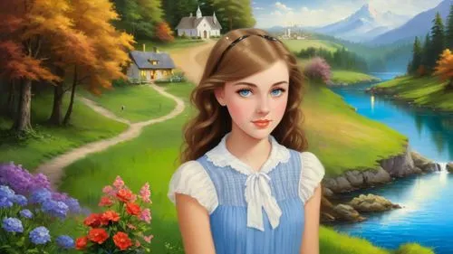 Masterpiece romantic oil painting, cute girl portrait, breathtaking nnatural landscape, national park scenery, by Bob Ross, by Thomas Kinkade, high res,children's background,dorthy,landscape backgroun