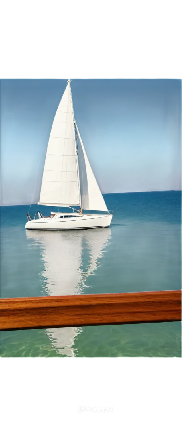 White sailboat, solo, calm sea, clear blue sky, sunlight reflecting on waves, soft focus, 3/4 composition, shallow depth of field, warm color tone, cinematic lighting, luxurious yacht, shiny surface, 