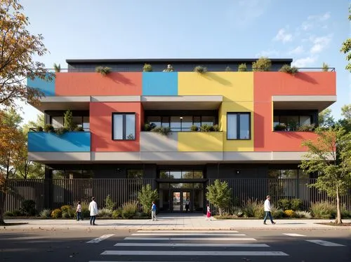 colorful facade,cubic house,cube house,savoye,corbu,mondriaan,seidler,rietveld,bauhaus,modern architecture,mondrian,cantilevers,docomomo,hejduk,eisenman,cantilevered,mid century house,dunes house,modern house,apartment building