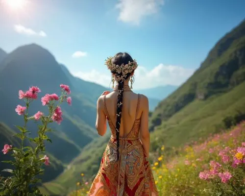 girl in flowers,girl in a long dress from the back,the valley of flowers,tailandia,girl in a long dress,beautiful girl with flowers