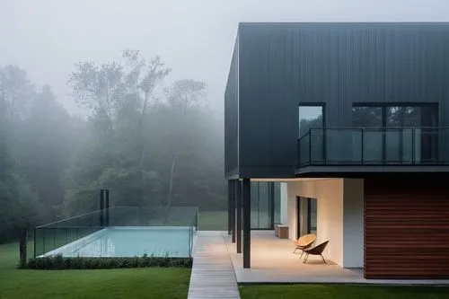 modern house,forest house,foggy landscape,timber house,pool house,house in the forest,Photography,General,Realistic